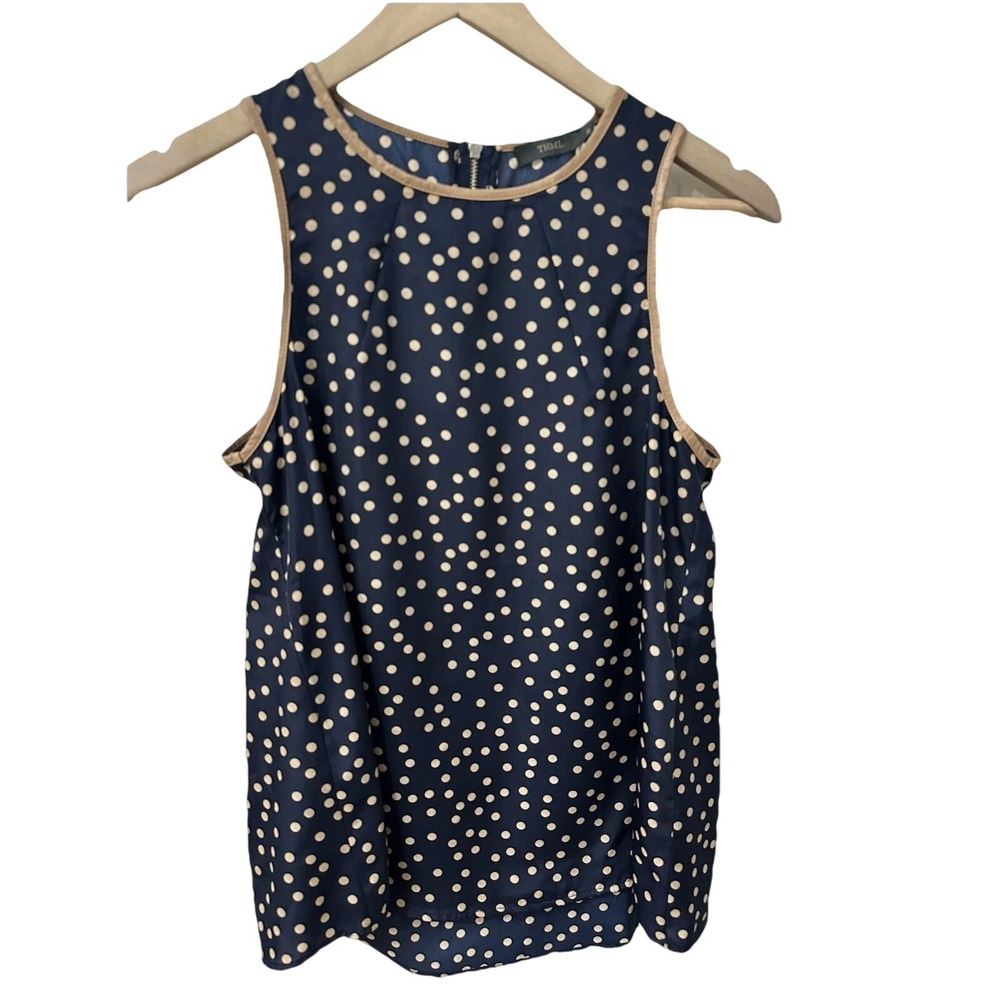 THML Polka Dot Tank Top Size S Navy Blue Tan Faux‎ Leather Trim Back Zip Blouse